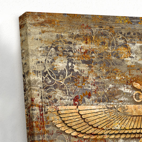 Faravahar Symbol Wall Art on Persian Rug Canvas - Zoroastrian Decor