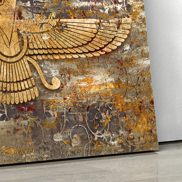 Faravahar Symbol Wall Art on Persian Rug Canvas - Zoroastrian Decor