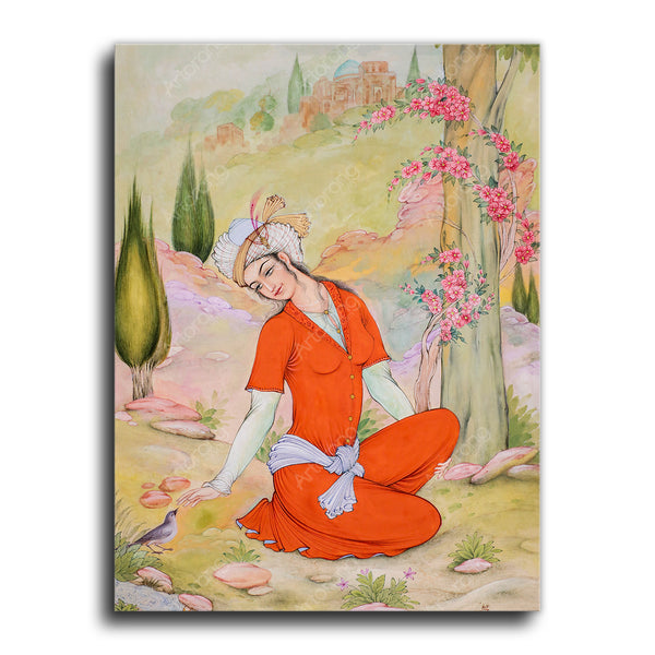 Girl in garden Persian miniature painting print painted by feet | Persian painting | Persian gift | Persian painting | Persian miniature - Artorang