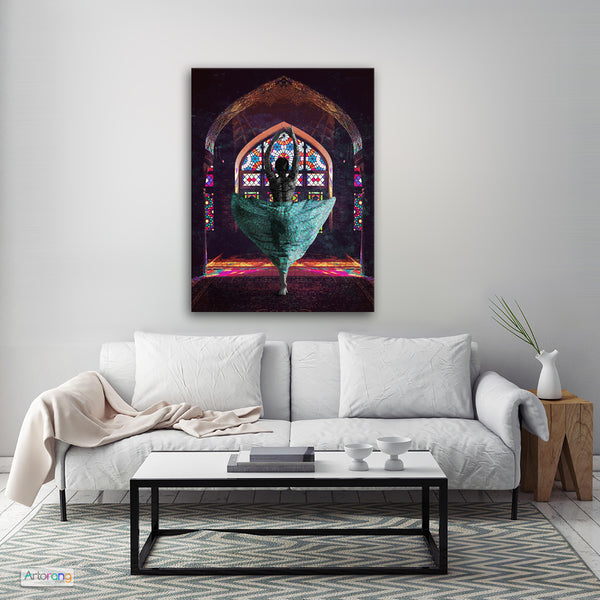 Persian girl dancing in pink and Farsi calligraphy canvas wall art - Artorang