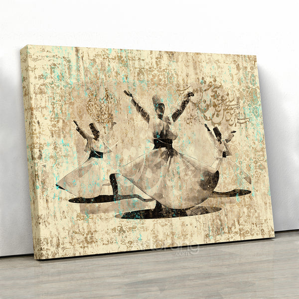 Sufi dance with Farsi calligraphy and Persian rug canvas print wall art, whirling dervishes art Middle Eastern art, Arabic art, Turkish art