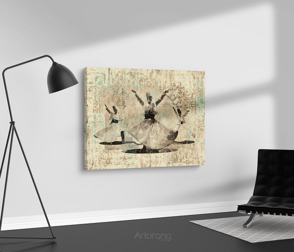 Sufi dance with Farsi calligraphy and Persian rug canvas print wall art, whirling dervishes art Middle Eastern art, Arabic art, Turkish art