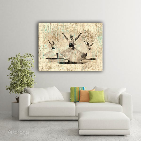 Sufi dance with Farsi calligraphy and Persian rug canvas print wall art, whirling dervishes art Middle Eastern art, Arabic art, Turkish art