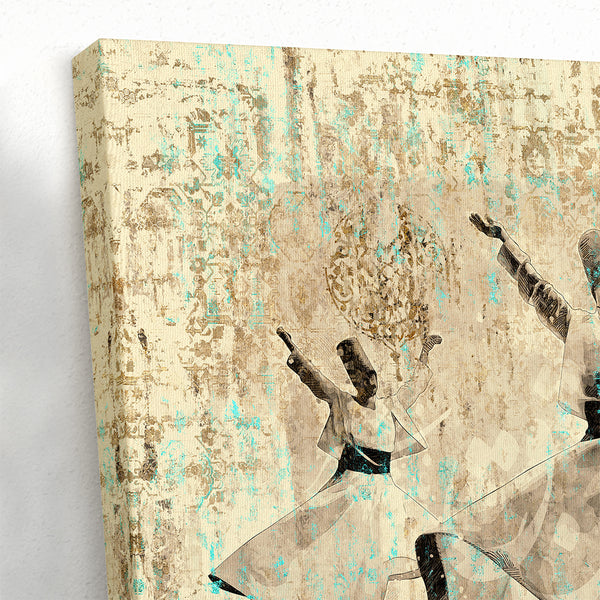 Sufi dance with Farsi calligraphy and Persian rug canvas print wall art, whirling dervishes art Middle Eastern art, Arabic art, Turkish art