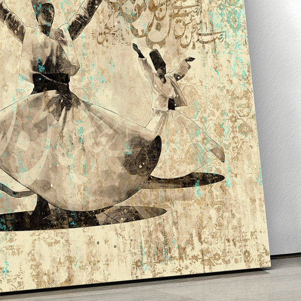 Sufi dance with Farsi calligraphy and Persian rug canvas print wall art, whirling dervishes art Middle Eastern art, Arabic art, Turkish art