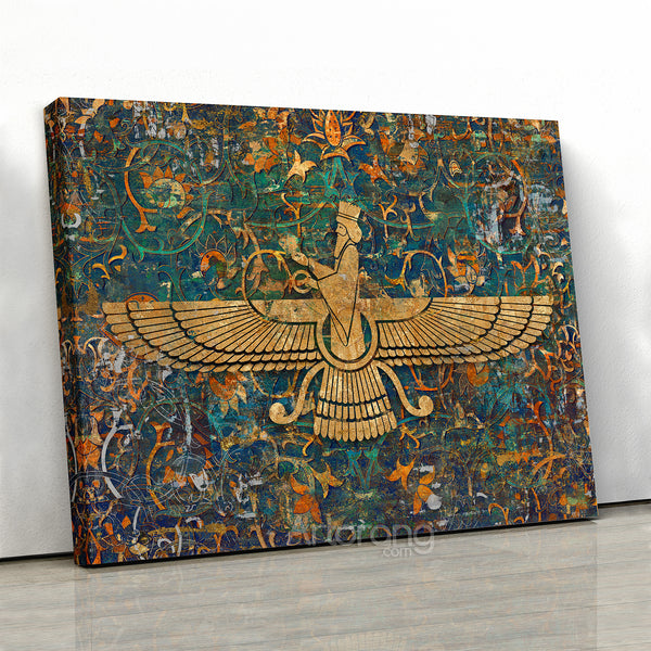 The Faravahar symbol on Persian carpet canvas print wall art, The ancient Zoroastrian of Iran, multi panel canvas print, Persian home decor