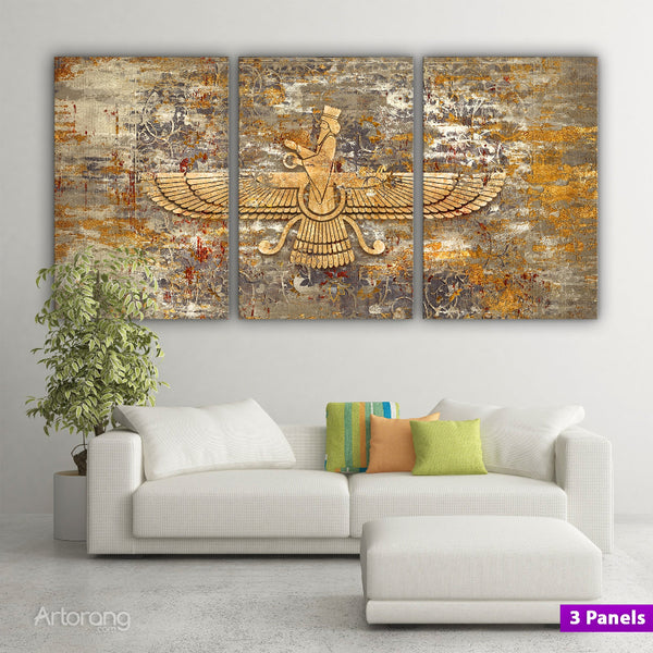Faravahar Symbol Wall Art on Persian Rug Canvas - Zoroastrian Decor