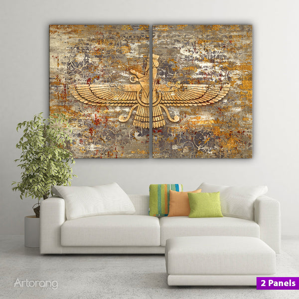 Faravahar Symbol Wall Art on Persian Rug Canvas - Zoroastrian Decor