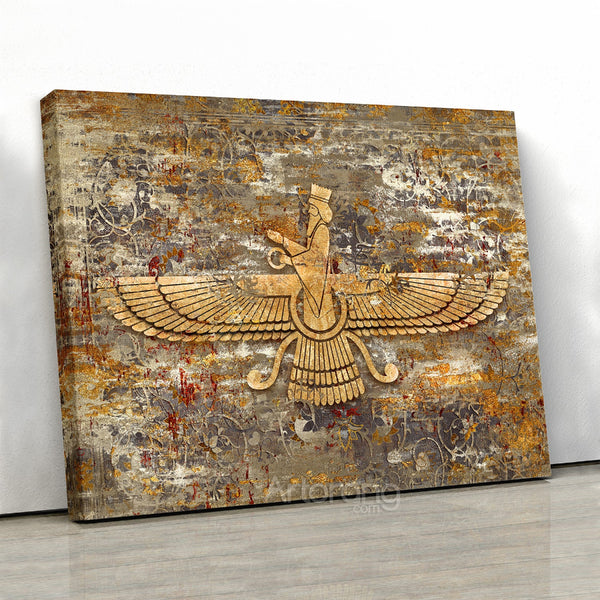 Faravahar Symbol Wall Art on Persian Rug Canvas - Zoroastrian Decor