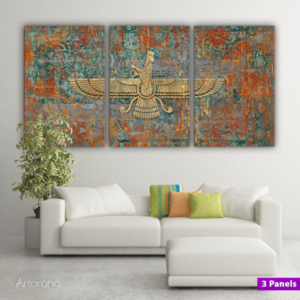 Faravahar Symbol Multi-Panel Canvas Art on Persian Carpet - Home Decor Gift