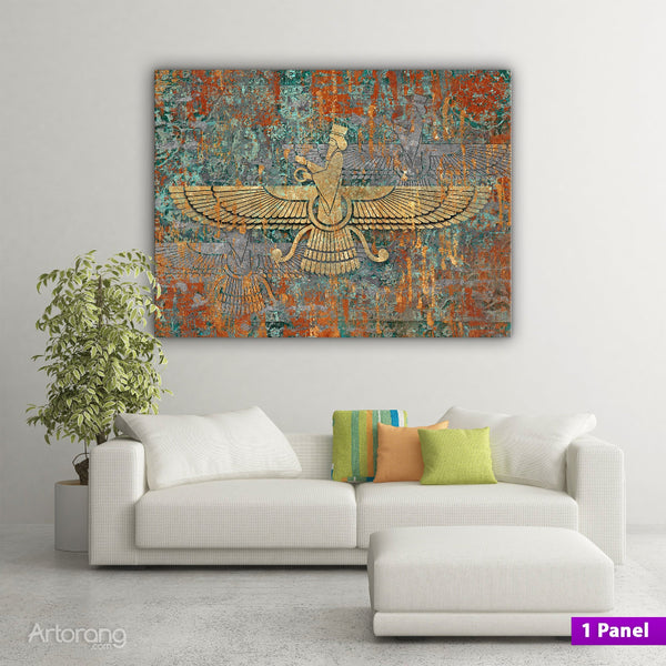 Faravahar Symbol Multi-Panel Canvas Art on Persian Carpet - Home Decor Gift