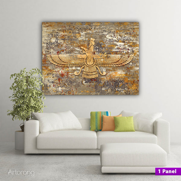 Faravahar Symbol Wall Art on Persian Rug Canvas - Zoroastrian Decor
