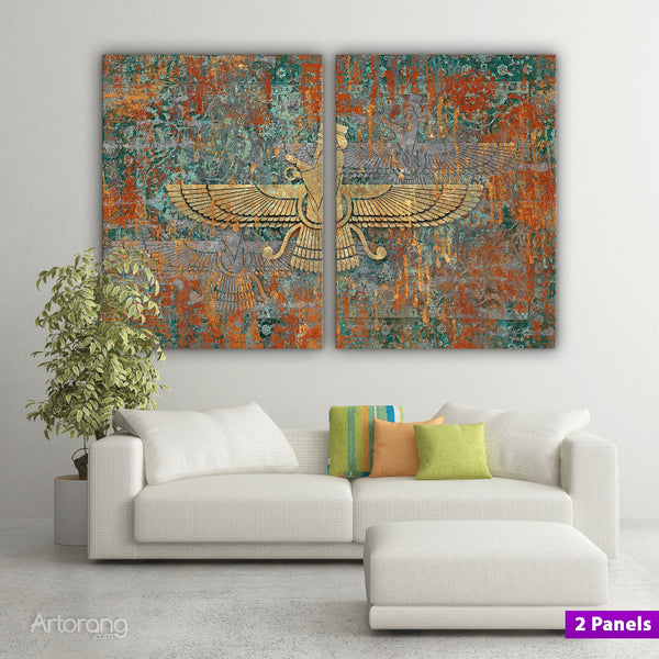 Faravahar Symbol Multi-Panel Canvas Art on Persian Carpet - Home Decor Gift