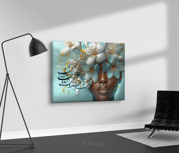 Persian Woman Canvas Art with Farsi Calligraphy and Turquoise Floral Design