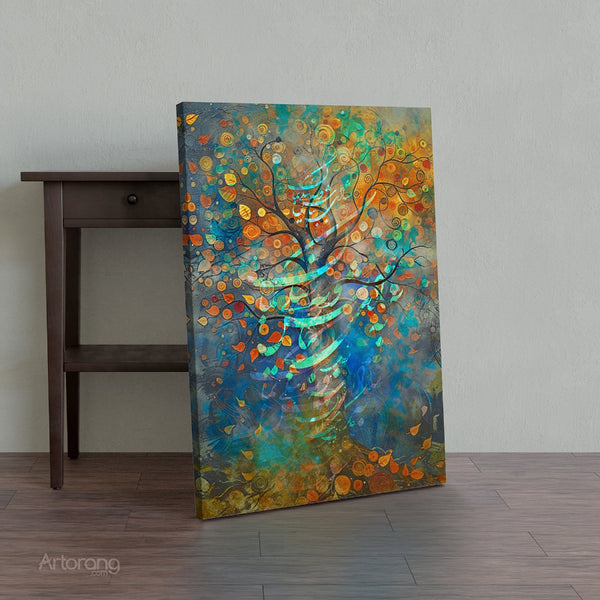 Colorful Abstract Tree Wall Art with Ferdowsi Quote and Persian Calligraphy