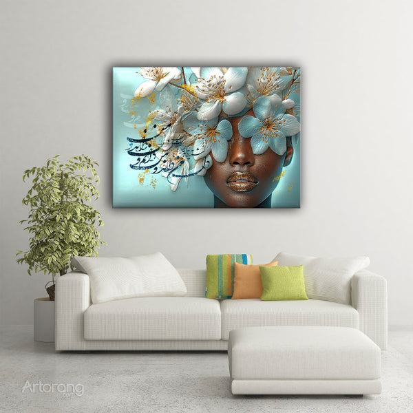 Persian Woman Canvas Art with Farsi Calligraphy and Turquoise Floral Design