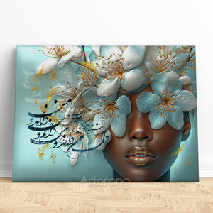 Persian Woman Canvas Art with Farsi Calligraphy and Turquoise Floral Design
