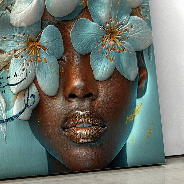 Persian Woman Canvas Art with Farsi Calligraphy and Turquoise Floral Design