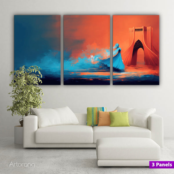 Tehran Azadi Tower Wall Art with Persian Girl - Vibrant Canvas Print Triptych