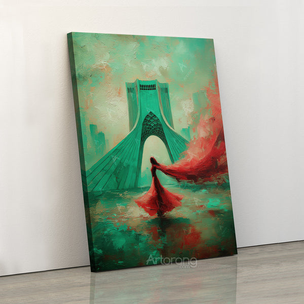 Tehran Azadi Tower Canvas Print with Persian Girl in Windy Red Dress Wall Art