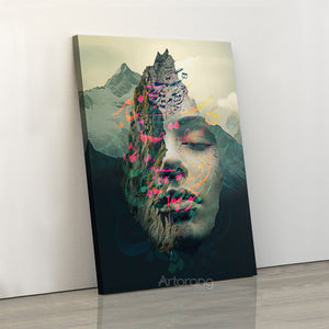 Her Mountain of Love canvas art featuring a woman's face blended with a mountain and Saadi Shirazi Persian calligraphy.