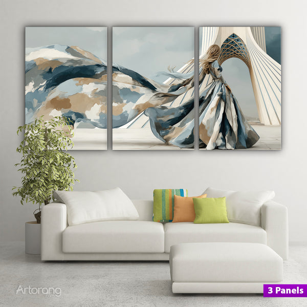 Majestic Persian Girl at Tehran Azadi Tower - Elegant Canvas Wall Art Triptych