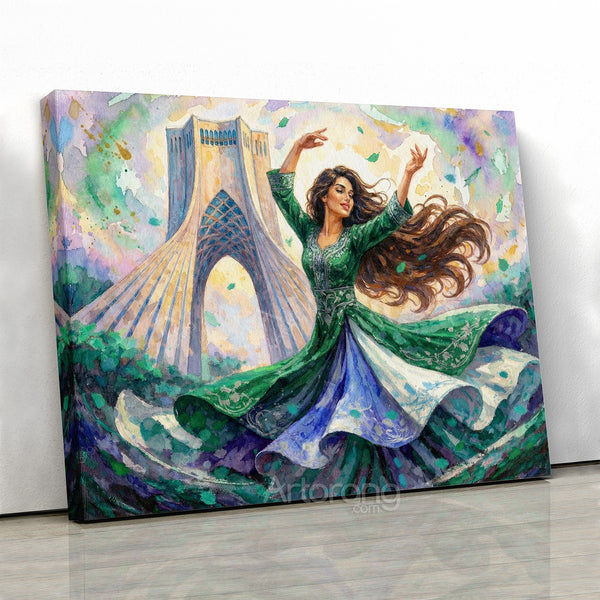 Persian Dance in Front of Tehran Azadi Tower Canvas Print – Colorful Wall Art