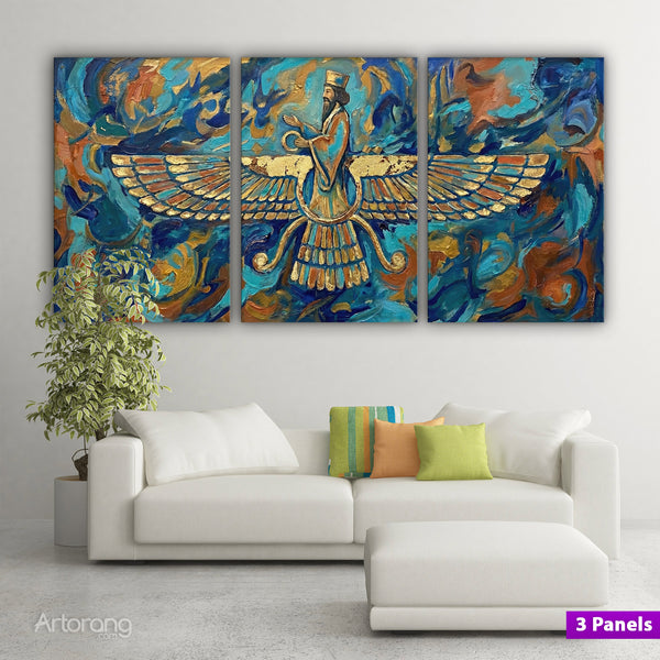 Majestic Faravahar Symbol Triptych Canvas Print - Persian Zoroastrian Wall Art