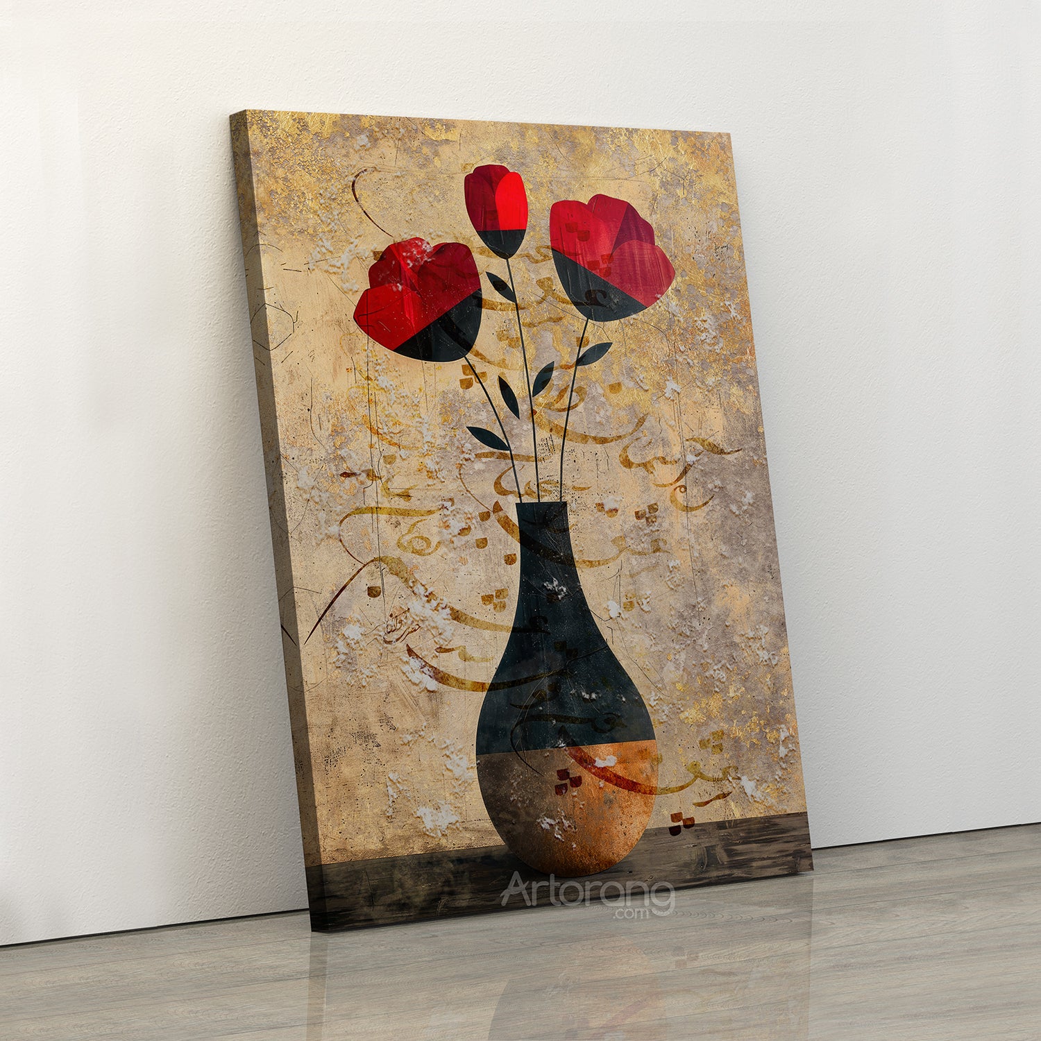 Crimson Blossom Dreams, Canvas Print Featuring Rumi's Poetry in Persian Calligraphy With Red Floral Art Perfect for Elegant Home Wall Decor