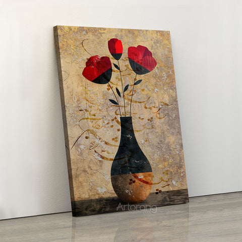 Crimson Blossom Dreams, Canvas Print Featuring Rumi's Poetry in Persian Calligraphy With Red Floral Art Perfect for Elegant Home Wall Decor