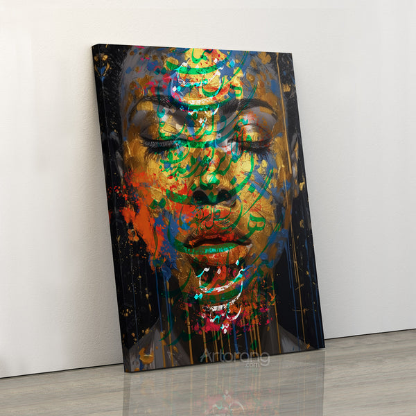 Artorang canvas featuring abstract female portrait with Rumi poem calligraphy

