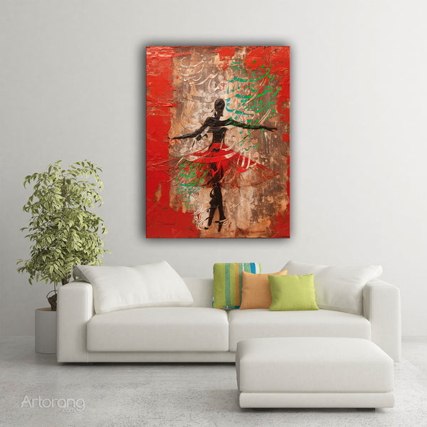 Expressive red and brown textured canvas featuring dance silhouette and script