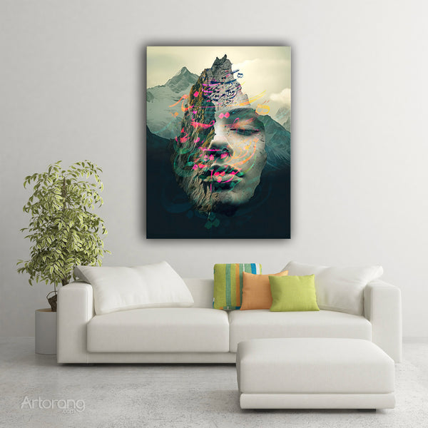 Full canvas mockup of Her Mountain of Love displayed in a modern interior room setting.