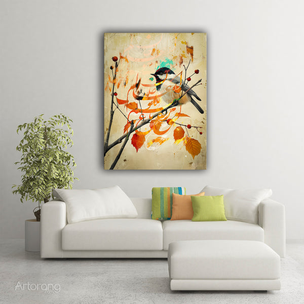 Room mockup showing “Wings of Paradise” Persian bird canvas by Artorang.
