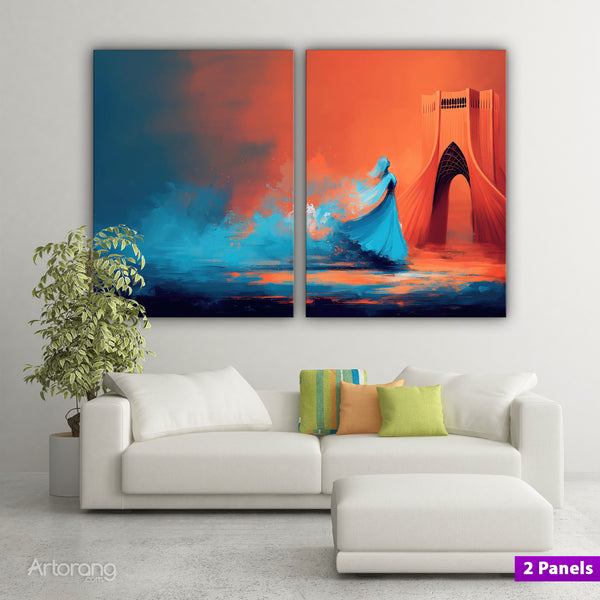 Tehran Azadi Tower Wall Art with Persian Girl - Vibrant Canvas Print Triptych