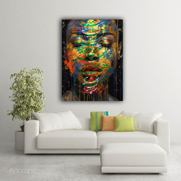 Contemporary mixed-media portrait with hand-written Persian calligraphy
