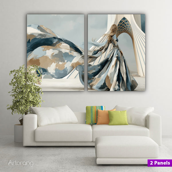 Majestic Persian Girl at Tehran Azadi Tower - Elegant Canvas Wall Art Triptych