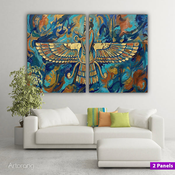 Majestic Faravahar Symbol Triptych Canvas Print - Persian Zoroastrian Wall Art