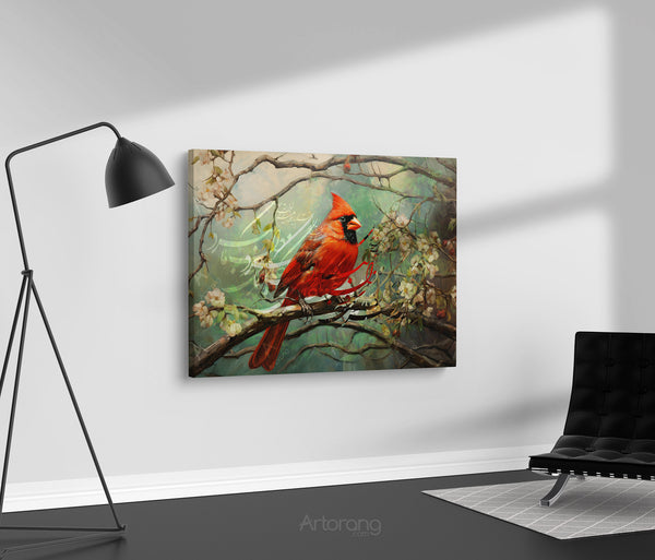 Persian poetry wall art featuring a red bird on a branch
