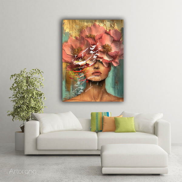 Bloom of Love, Saadi Persian Poetry Canvas Wall Art Inspired by Persian Woman and Floral Design Featuring Calligraphy and Romantic Quote