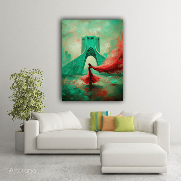 Tehran Azadi Tower Canvas Print with Persian Girl in Windy Red Dress Wall Art