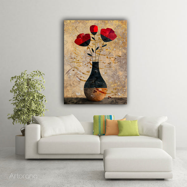 Crimson Blossom Dreams, Canvas Print Featuring Rumi's Poetry in Persian Calligraphy With Red Floral Art Perfect for Elegant Home Wall Decor