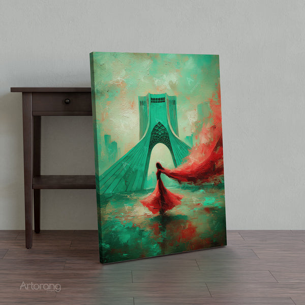 Tehran Azadi Tower Canvas Print with Persian Girl in Windy Red Dress Wall Art