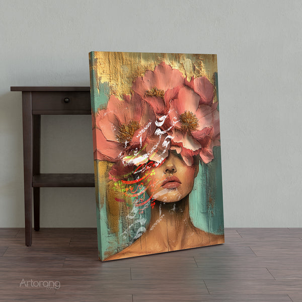 Bloom of Love, Saadi Persian Poetry Canvas Wall Art Inspired by Persian Woman and Floral Design Featuring Calligraphy and Romantic Quote