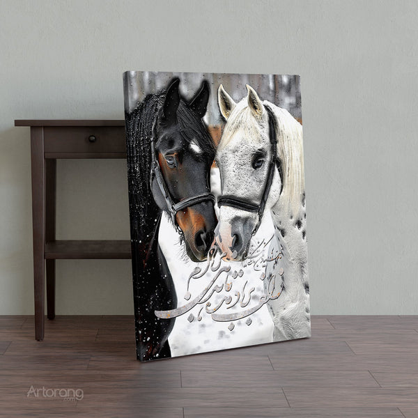 Canvas print of two horses embracing on a wooden table against a gray wall.