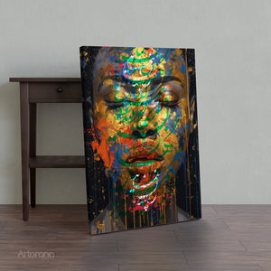 Modern Rumi-inspired wall art with vibrant gold, red, and turquoise details
