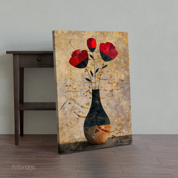 Crimson Blossom Dreams, Canvas Print Featuring Rumi's Poetry in Persian Calligraphy With Red Floral Art Perfect for Elegant Home Wall Decor