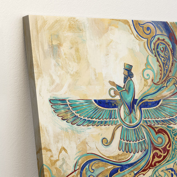 Close-up of winged Persian motif artwork with blue and gold tones