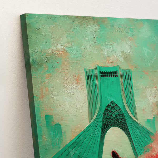 Tehran Azadi Tower Canvas Print with Persian Girl in Windy Red Dress Wall Art