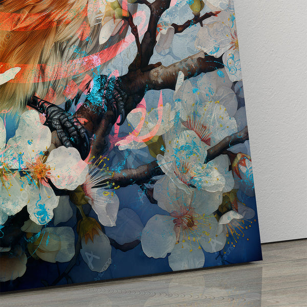 Close-up of Persian calligraphy and bird artwork on canvas
